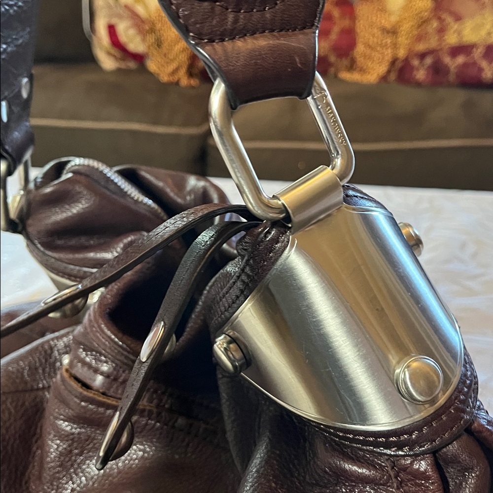 B. Makowsky Dark Brown Slouchy Brown Leather HoBo Shoulder Bag Metallic Details - Picture 8 of 17